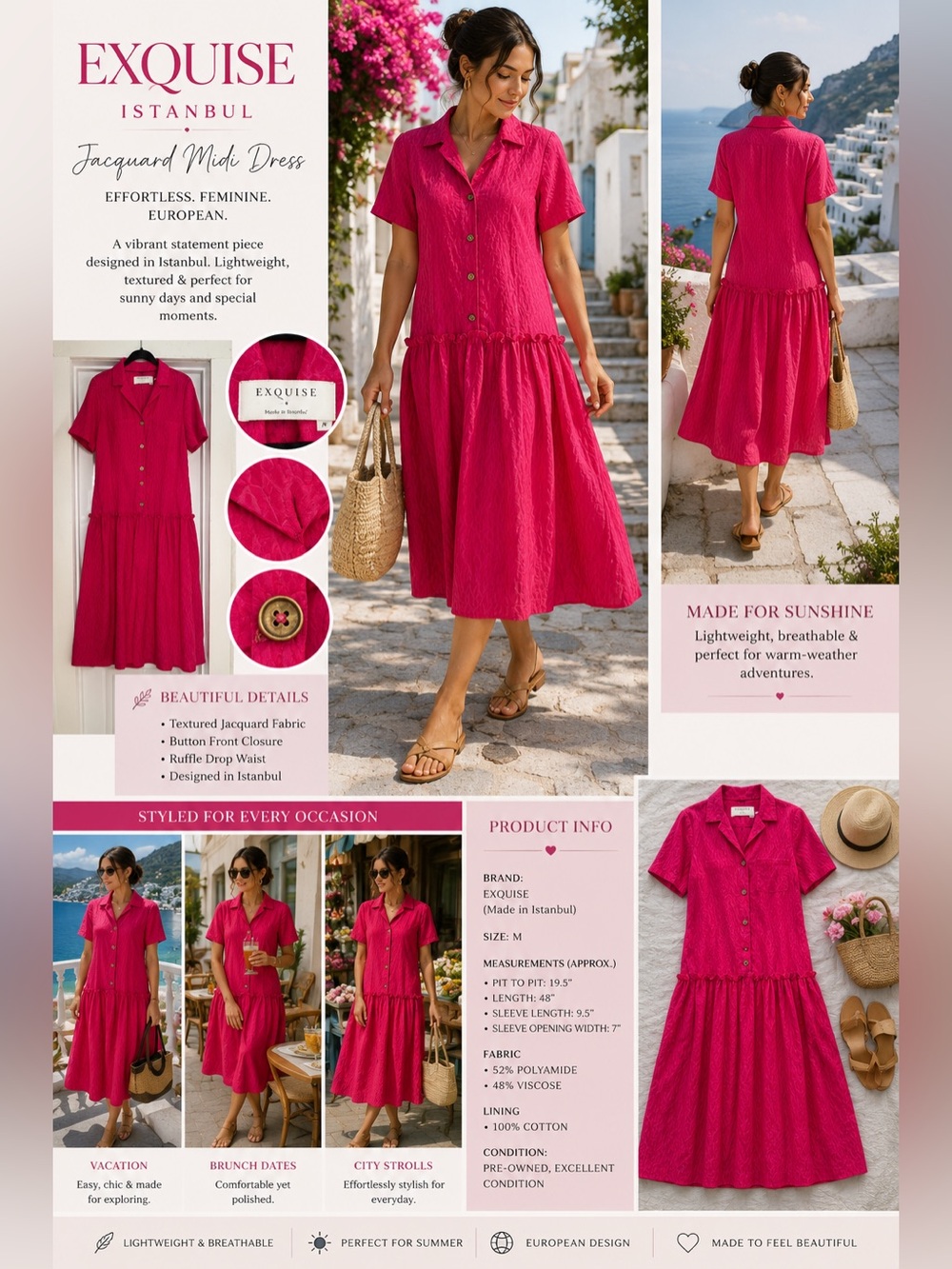 Exquise Istanbul Pink Jacquard Midi Dress M European Resort Style